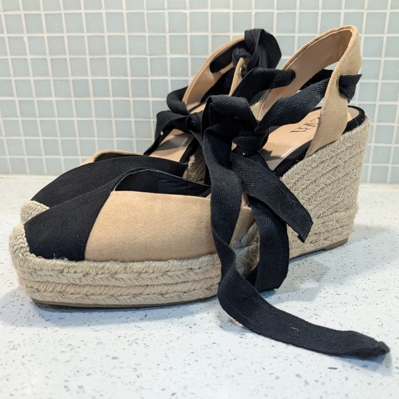Zara Espadrille Wedge Sandals Black Tan Ankle Tie Wrap Platform Heels - Picture 7 of 14